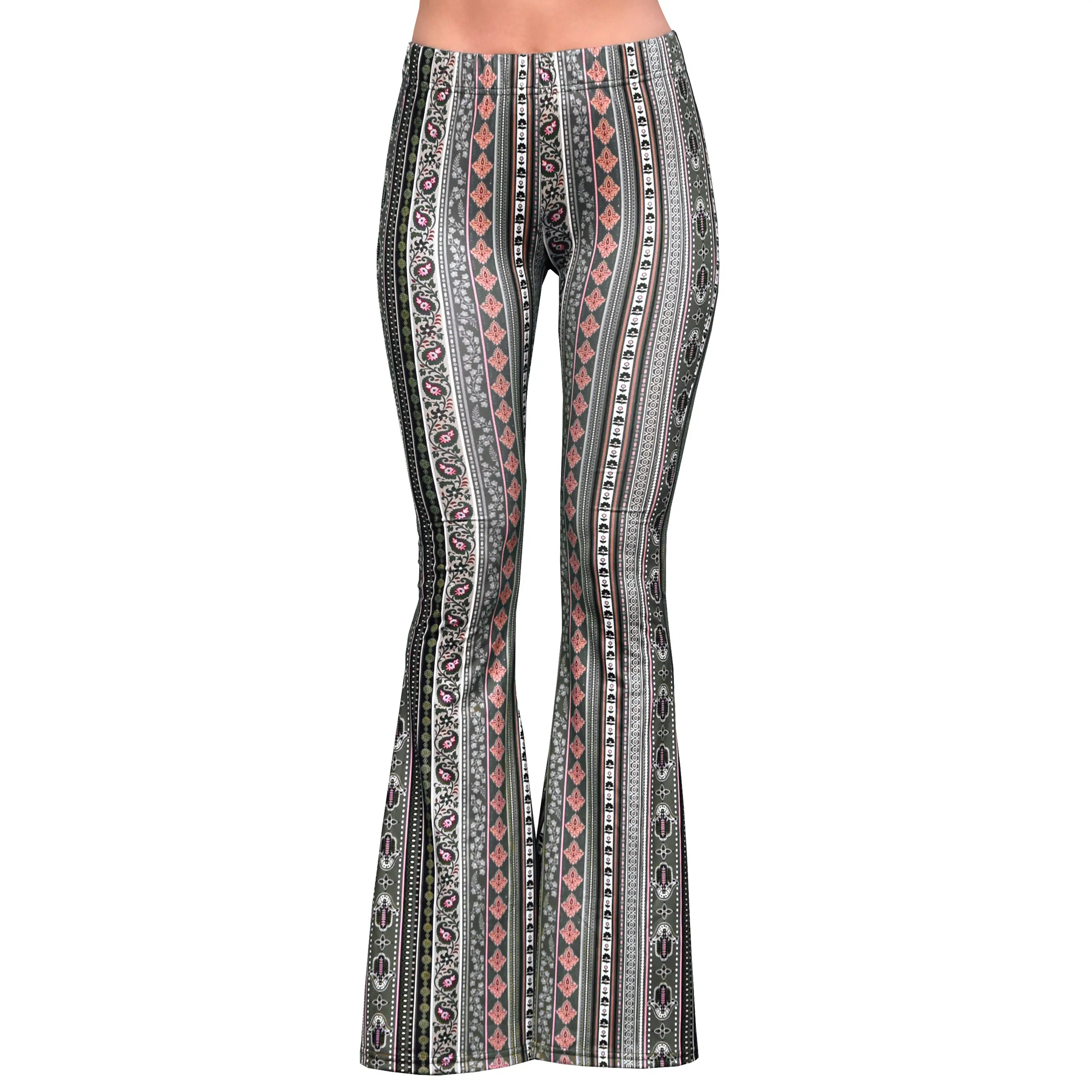 Daisy Del Sol Women’s Flare Stretch Yoga Comfortable High Waisted 70s Hippie Bohemian Legging Loungewear Festival Forbidden Pants Bell Bottoms  - Olive Paisley