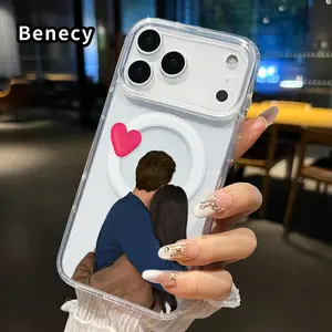 Magnetic Phone case for iPhone 17 16  Pro Max Plus 15 14 13 12 11 Air E Heart - Felt Embrace Pattern Non-Yellowing Shockproof Soft Silicone Transparent Acrylic Large Hole Cover Supports Wireless Charging