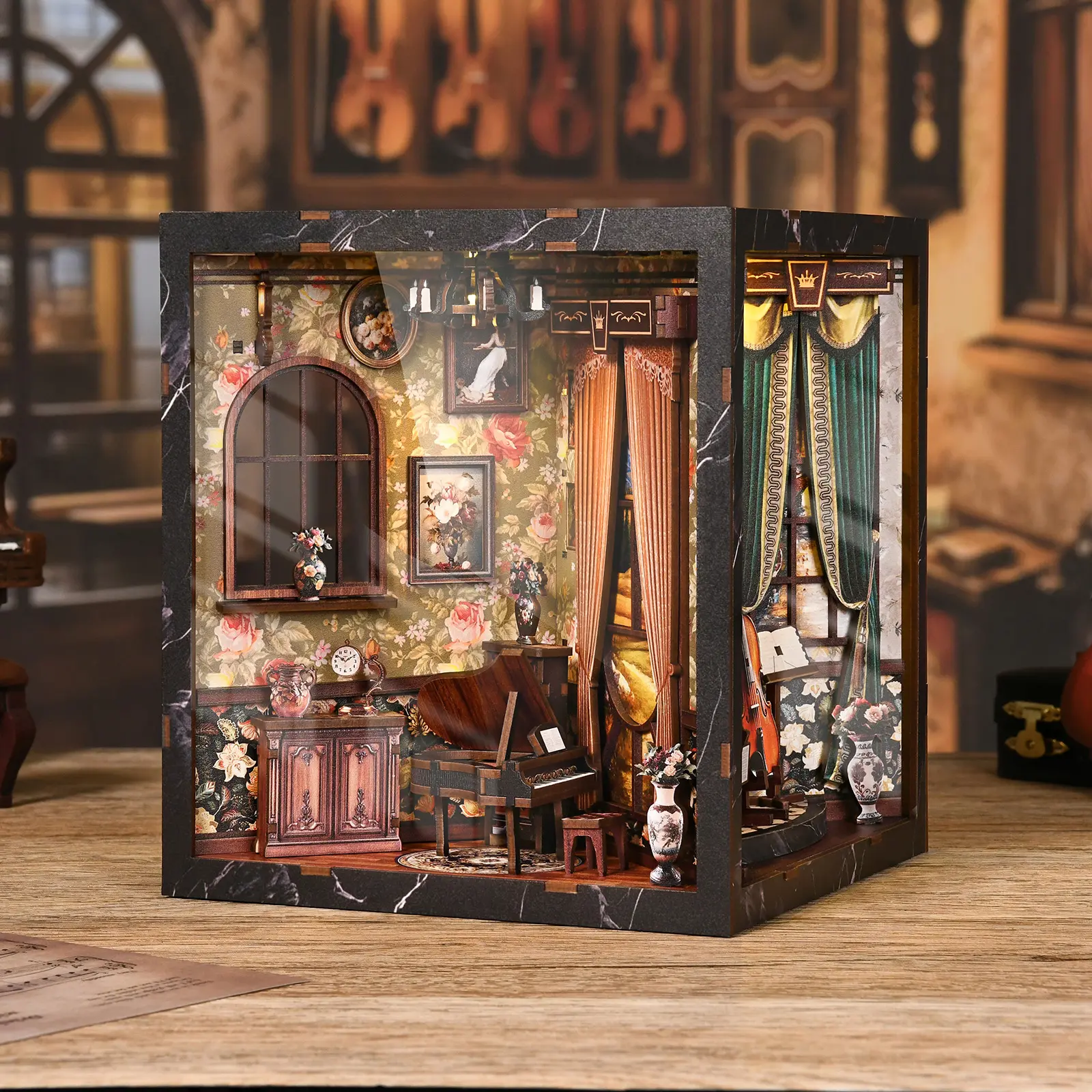 European Melody MusicalInstrument Box DIY Book Nook Kit with LED Light, Miniature Dollhouse, 3D Wooden Puzzle, Bookshelf Insert Decor Craft Gift
