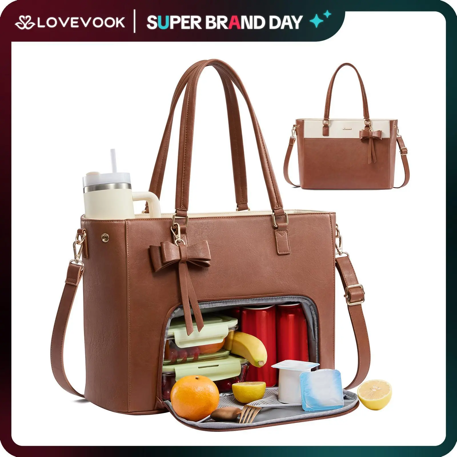 LOVEVOOK Work Tote Bag with Lunch Compartment, 3 in 1 Laptop Tote Bag for Women with Giant Tumbler Holder for Teacher, Nurse, Travel, Office, Daily
