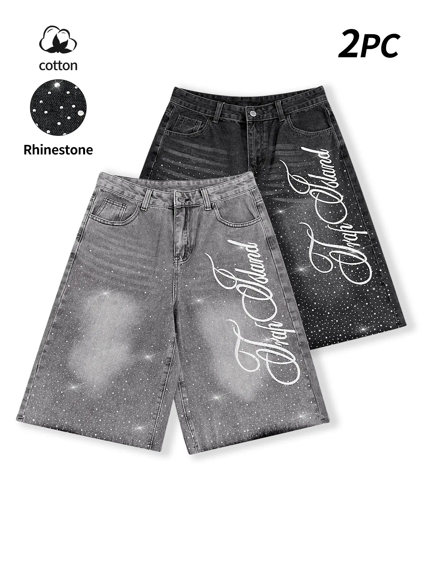 Streetwear Grey Embroidered Jeans: vintage-style, distressed, diamond-studded, Loose Fit, embroidered casual jeans two-piece set, American street style, daily wear denim Embroidery Everyday Bottoms
