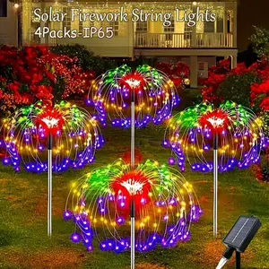 4-Pack Solar Firework Lights Outdoor, Outdoor String Light, IP65 Waterproof Solar Powered Garden Lights with Auto On/Off, 240 LED Solar Pathway Lights, Stake Installation for Yard, Patio, Christmas, Halloween, Decorations, Warm White & Multi-Color