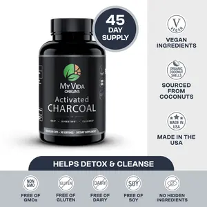 My Vida Origins Activated Coconut Charcoal Capsules - Detox, Gas Relief, Digestive and Gut Health Support | Vegan, Organic, Non-GMO, Gluten Free, No Additives - 90 count