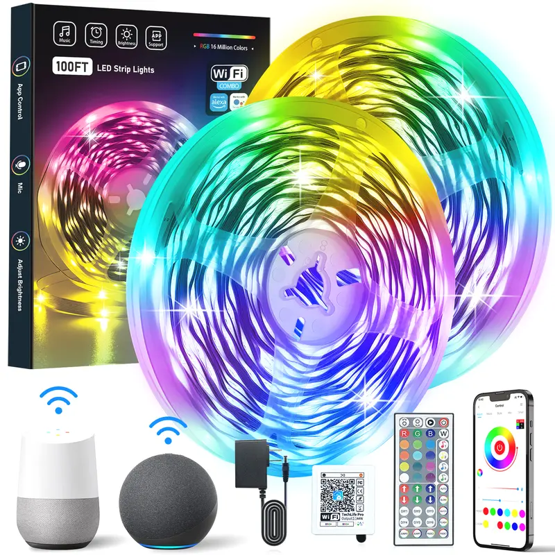 100FT 50FT WiFi Led Strip Lights Smart Led Light Strip Work with Alexa & Google Assistant RGB Music Sync Color Changing Led Light for Bedroom Decors