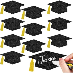 50Pcs Glitter Black Gold Grad Caps Cutouts 5.7 Inch Graduation Hat Cut-Outs Confetti Table Decor with Glue Points for High School College Graduation Party Supplies