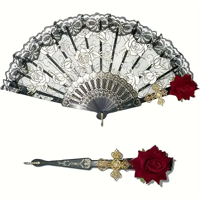 Lace Hand Fan, Floral Design, 1 Count Foldable Handheld Fan, Wedding Hand Fans for Wedding Favors, Birthday Parties, Home Decor, Room Decor, and Weddings