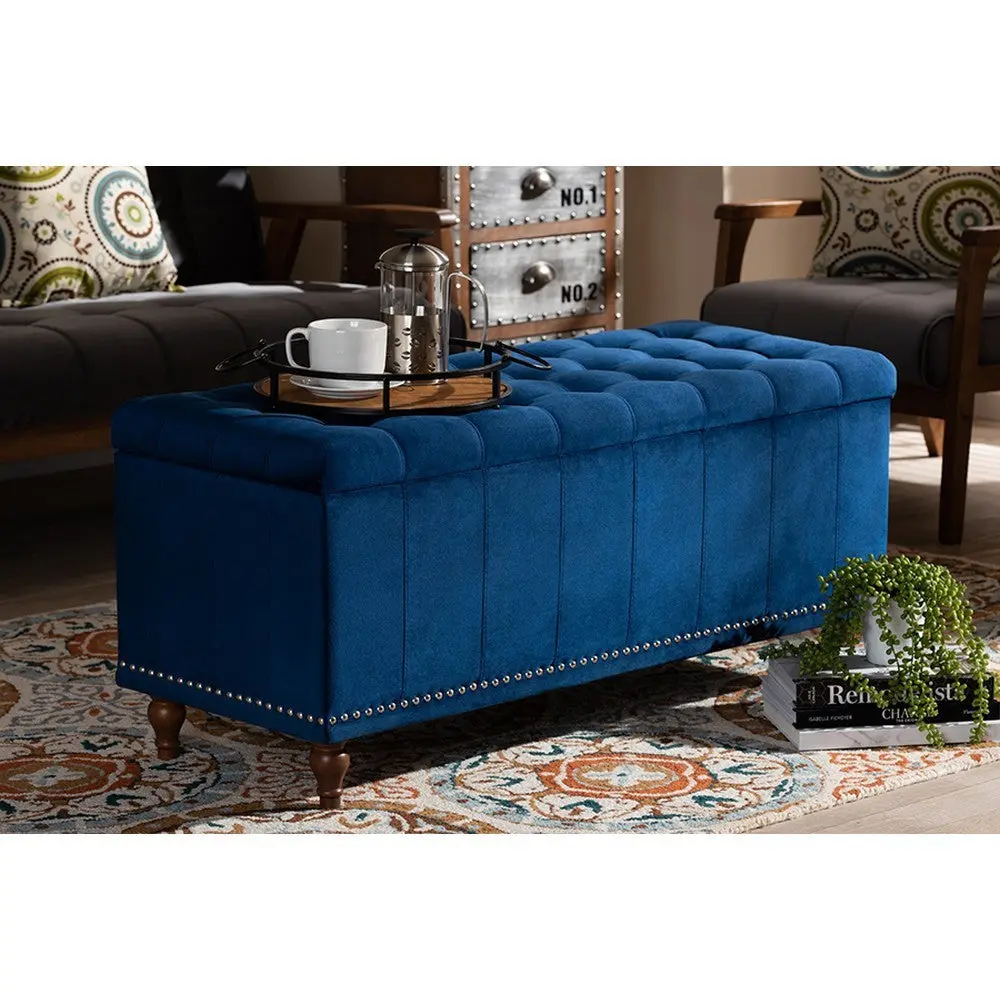 Baxton Studio Kaylee Modern and Contemporary Navy Blue Velvet Fabric Upholstered Button-Tufted Storage Ottoman Bench