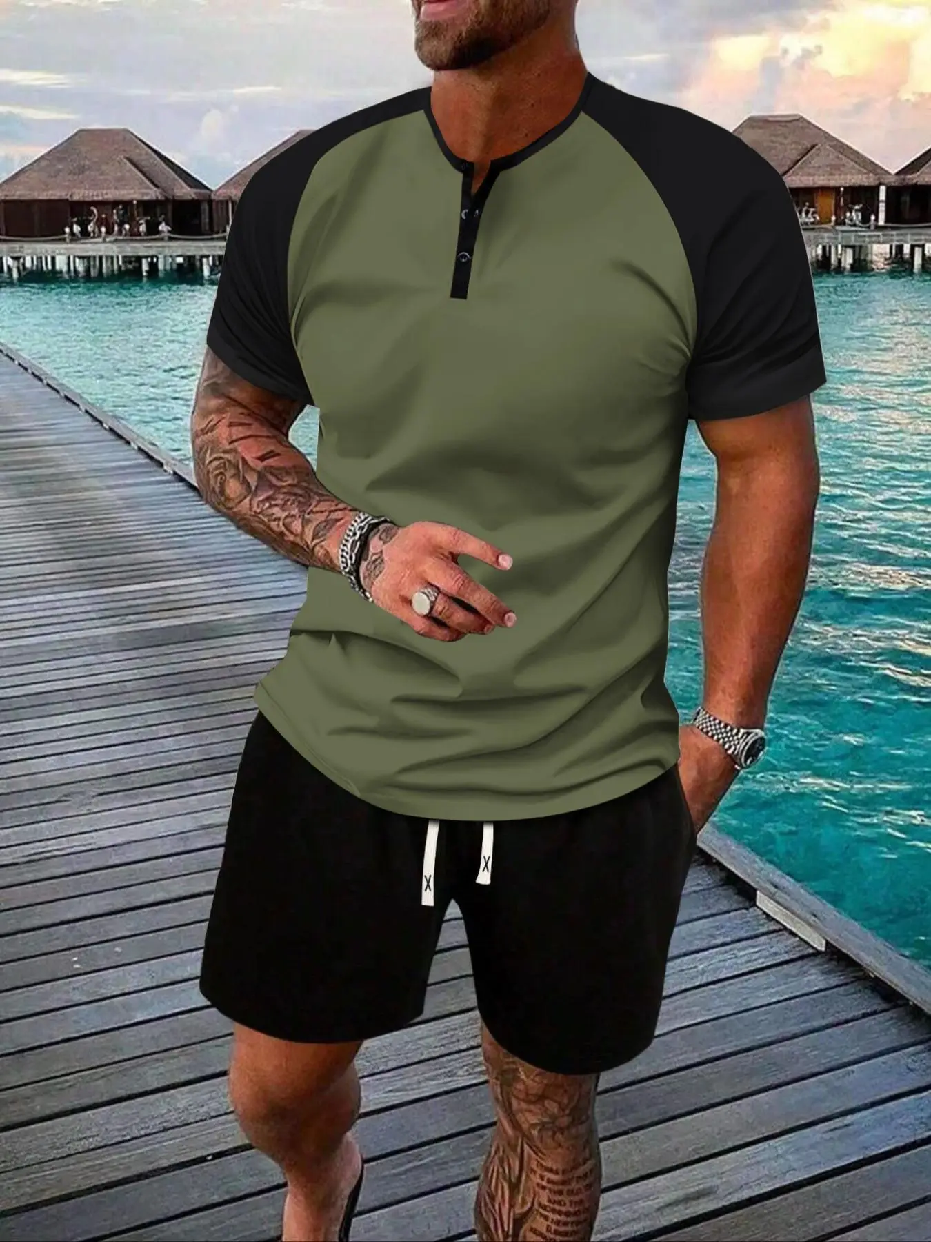 Men's Stretch Colorblock Tee & Shorts Set, Formal Wear Men's Summer Clothes, Casual Soft Comfort Short Sleeve Round Neck Jersey & Elastic Waist Track