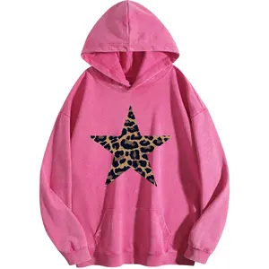 Holafish Unisex Oversized Acid Wash Hoodie with Leopard Star Print - Heavyweight Long Sleeve Pullover Loose Fit Casual Streetwear for Cold Weather Weekends