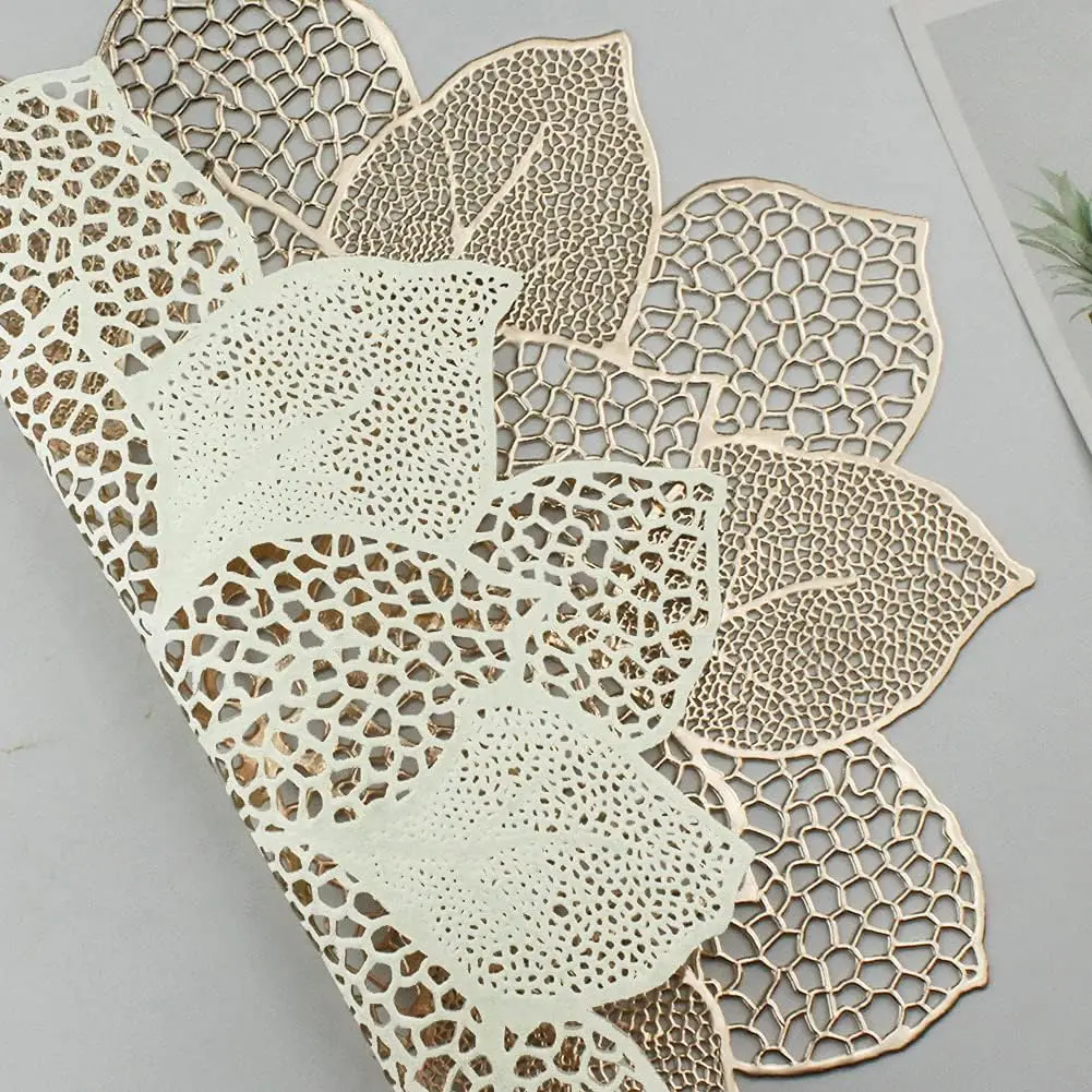 6pcs Reusable Gold Round Placemats for Dining Table | 18in Table Mats Hollow Out Hibiscus Flower Place Mats for Dinner Decor Holiday Wedding Accent Centerpiece Christmas