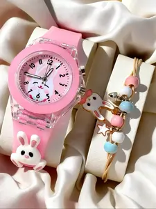 Glowing Kids Watch Jewelry Set, Cute Bunny Silicone Quartz Watch + Rabbit Necklace Accessories, Sweet Style, All Seasons