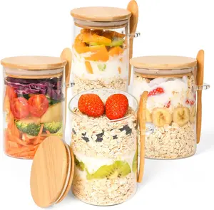 4 Pack Overnight Oats Containers with Lids - 16oz Glass Jars with Bamboo Lids & Spoons, Airtight Meal Prep Jars for Chia Pudding, Yogurt, Salad, Cereal, and Sourdough Starter Kitchen Transparent