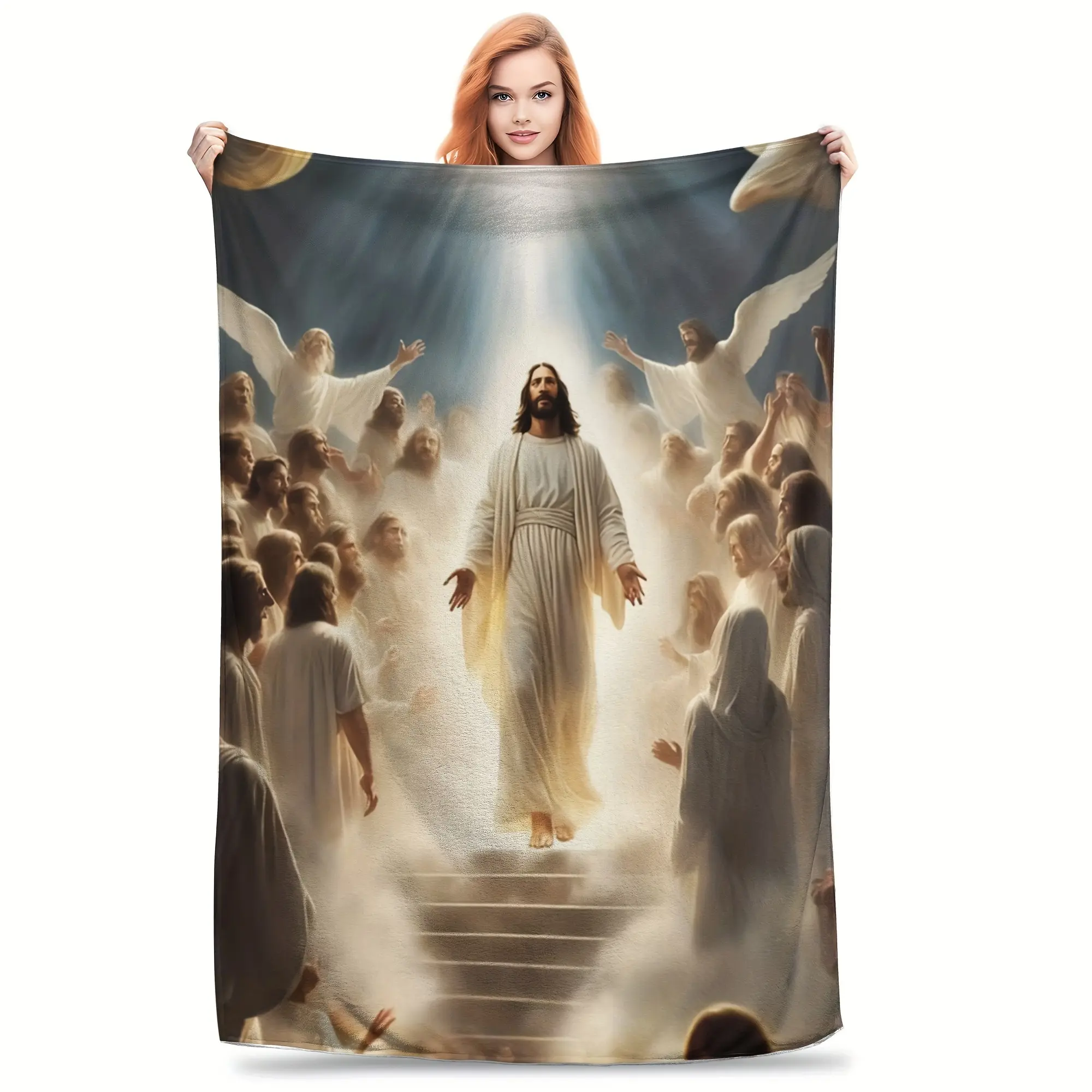 1 Piece Modern Jesus Christ Crocheted Weave Polyester Flannel Cozy Blanket Throw - 250-300gsm, Warm Home Room House Decor Multi-Purpose Travel Blanket
