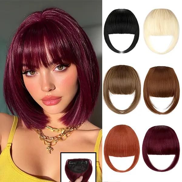 Lansigreen Women's Clip-In French Bangs Hair Extensions, 2-Clip 8in Thick Straight Synthetic Hairpieces with Temple Volume, 30g Lightweight Heat-Resistant Fringe for Daily Wear & Party (Natural Hairstyles Synthetic Extensions & Pieces)