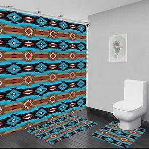 Aztec Blue Print Bathroom Decor Set, 1 Set Including Shower Curtain, Toilet U-Shaped Mat & Rectangular Mat, Bathroom Accessories