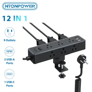 NTONPOWER Standing Desk Power Strip with 6ft Coiled Extension Cord, Desk Clamp Power Strip with 9 AC & 3 USB (USB C), 1200J Desktop Surge Protector, Standing Desktop Accessories, Fit 2.68" Table Edge,Mother's day gift ideas