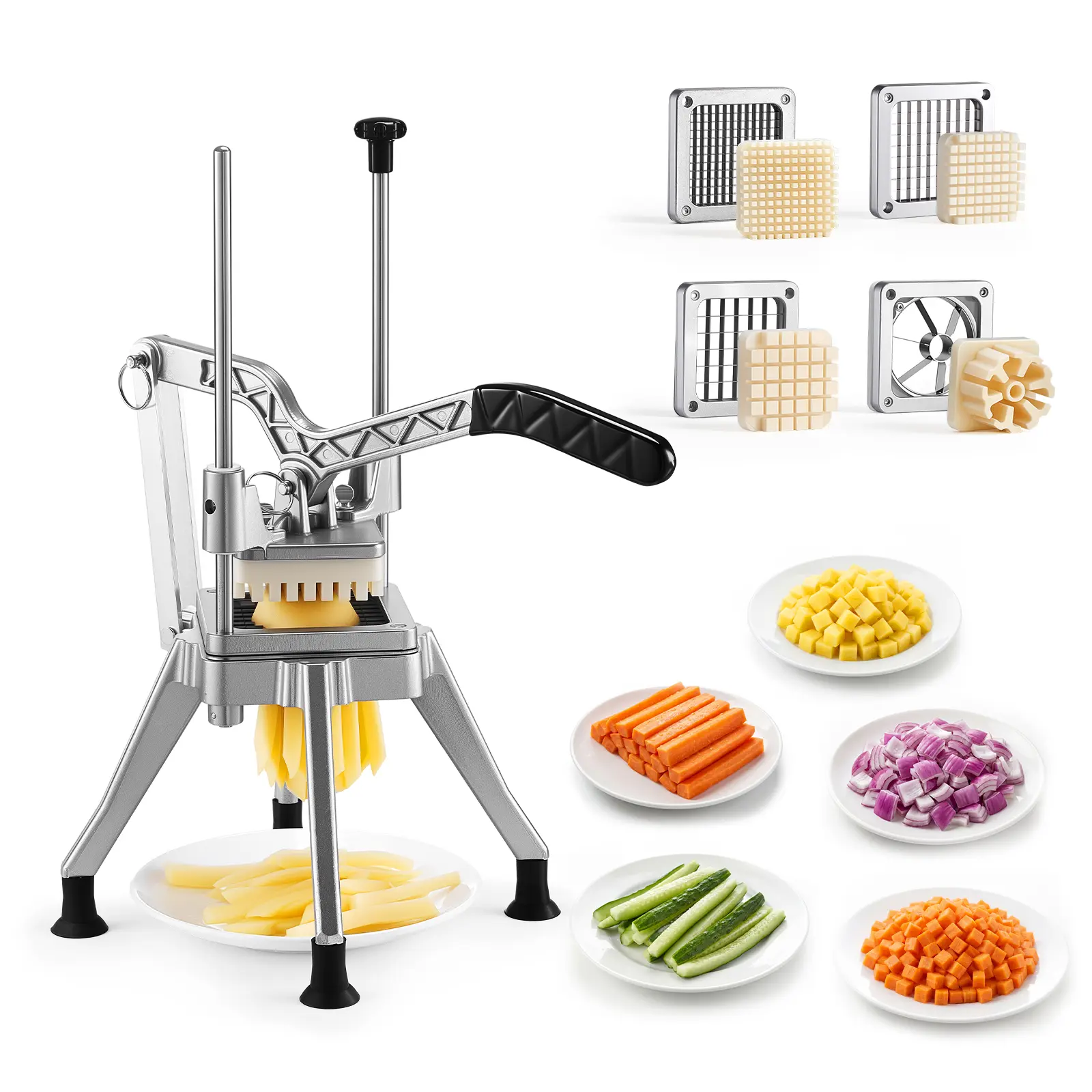 【Summerfinds】VEVOR French Fry Cutter, Commercial Vegetable Chopper with 4 Blades (1/2", 3/8", 1/4" & 6-Wedge with Corer), Lever Stainless Steel Potato Slicer for Home Thick, Regular & Thin Fries Cut, Onion, Fruit