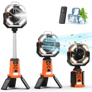 4-in-1 Wireless Camping Fan with spray function, 20000mAh rechargeable battery, LED light and 270° rotation. Remote control design, portable and lightweight, perfect for camping, travel, bedroom and outdoor use.