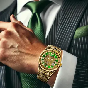 Luxury Green Skeleton Automatic Watch Men's Gold Engraved Mechanical with Diamond Roman Numerals Waterproof wheel  watch