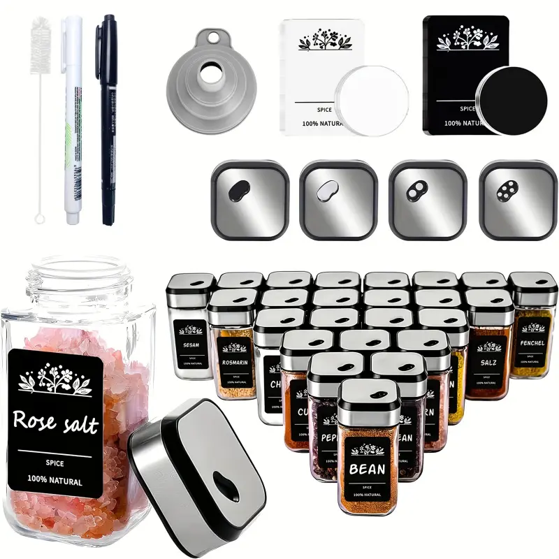 24/12/6 Square Kitchen Spice Seasoning Jar Set with Shaker Cup Liner, 120ml Thickened Glass Spice Jars, Stainless Steel Twist Lock, Silvery Spice Storage Containers, Spices Containers