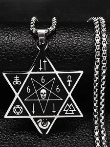 666 Satan Skull Hexagram Gothic Cross Stainless Steel Fashion Necklace Necklaces Black Silver Color Inverted Pentagram Necklace bijoux