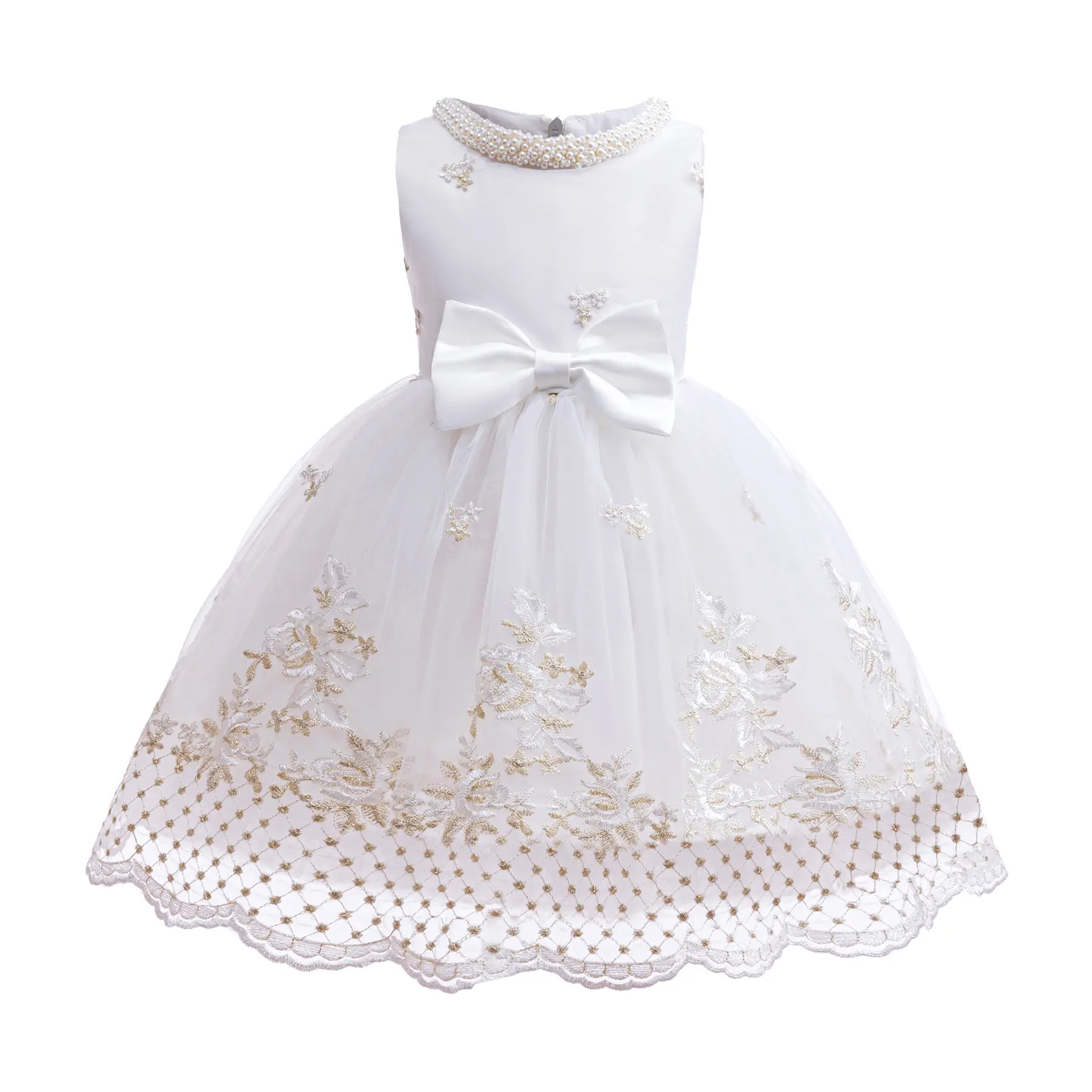 Baptism Princess Dress For 100-150 kIDS Pearl Decor Crew Neck Front Bow Splice Floral Embroidery Gauze Summer Party Dress White ZT-4012