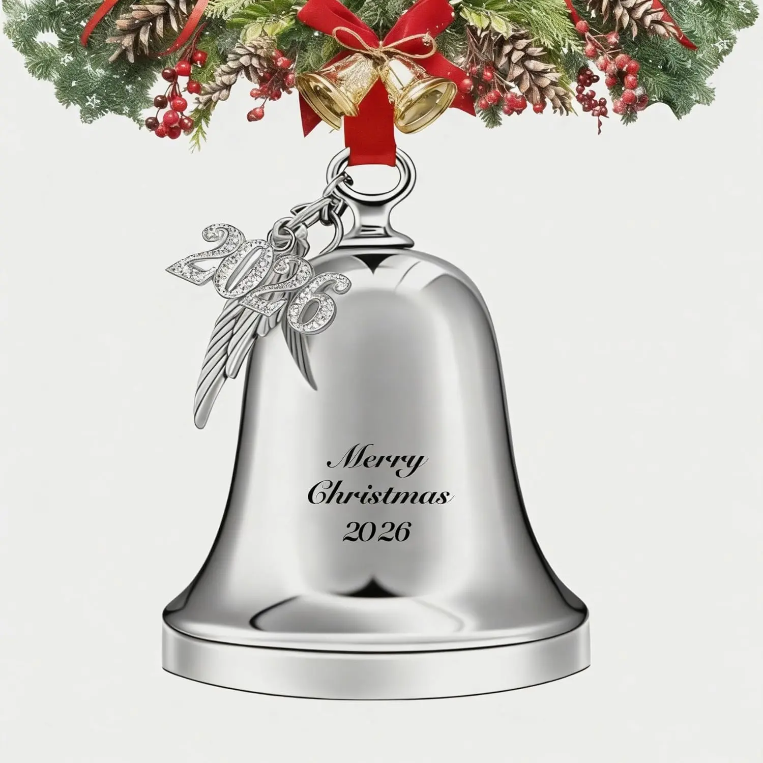 Christmas Bell Ornament 2026, Angel Sleigh Bell, Home Bells Decor Silver Decorative Bell for Tree (Silver Merry Christmas)