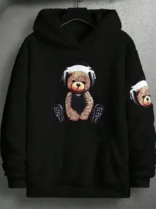 Men's Cartoon Bear Print Pocket Thermal Lined Hoodie, Regular Fit Casual Long Sleeve Hooded Sweatshirt for Fall & Winter, Men's Clothes for Daily Wear