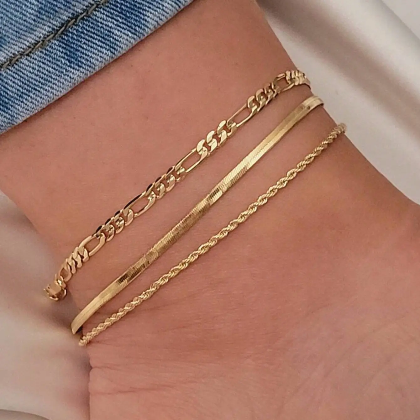 MaxBling81 Women's 3-Piece Gold Plated Anklet Set with Herringbone, Figaro & Rope Chains, Polished Finish & Adjustable for Everyday Wear, Adjustable Length, Assorted Links, Chain Styles
