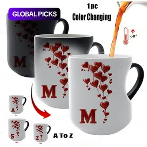 Color-Changing A-Z Initial Heart Coffee Mug, Funny Heat-Sensitive Ceramic Mug with Heart-Shaped Handle, 11 oz / 330 ml, Valentine's Day Gift