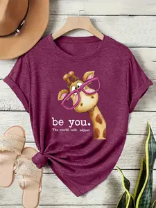 Women's Cartoon Giraffe Print T-Shirt, Womenswear Soft Elastic Fabric Round Neck Short Sleeve Fitted Fit Top, Casual Summer Spring Tee, Vacation Wear, Comfortable Shirt