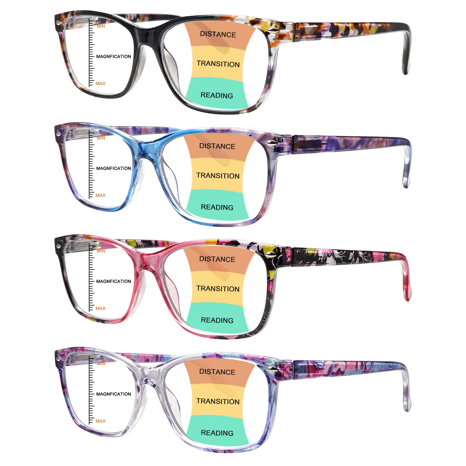 4 Pcs  Female    Progressive Multifocal Blue Light Blocking Reading Glasses with Blue Light Blocking Lenses, Mix Colors, 3-Level Visual Adjustment, Spring Hinges for Various Face Shapes, Ideal for Everyday Use and Computer Work.