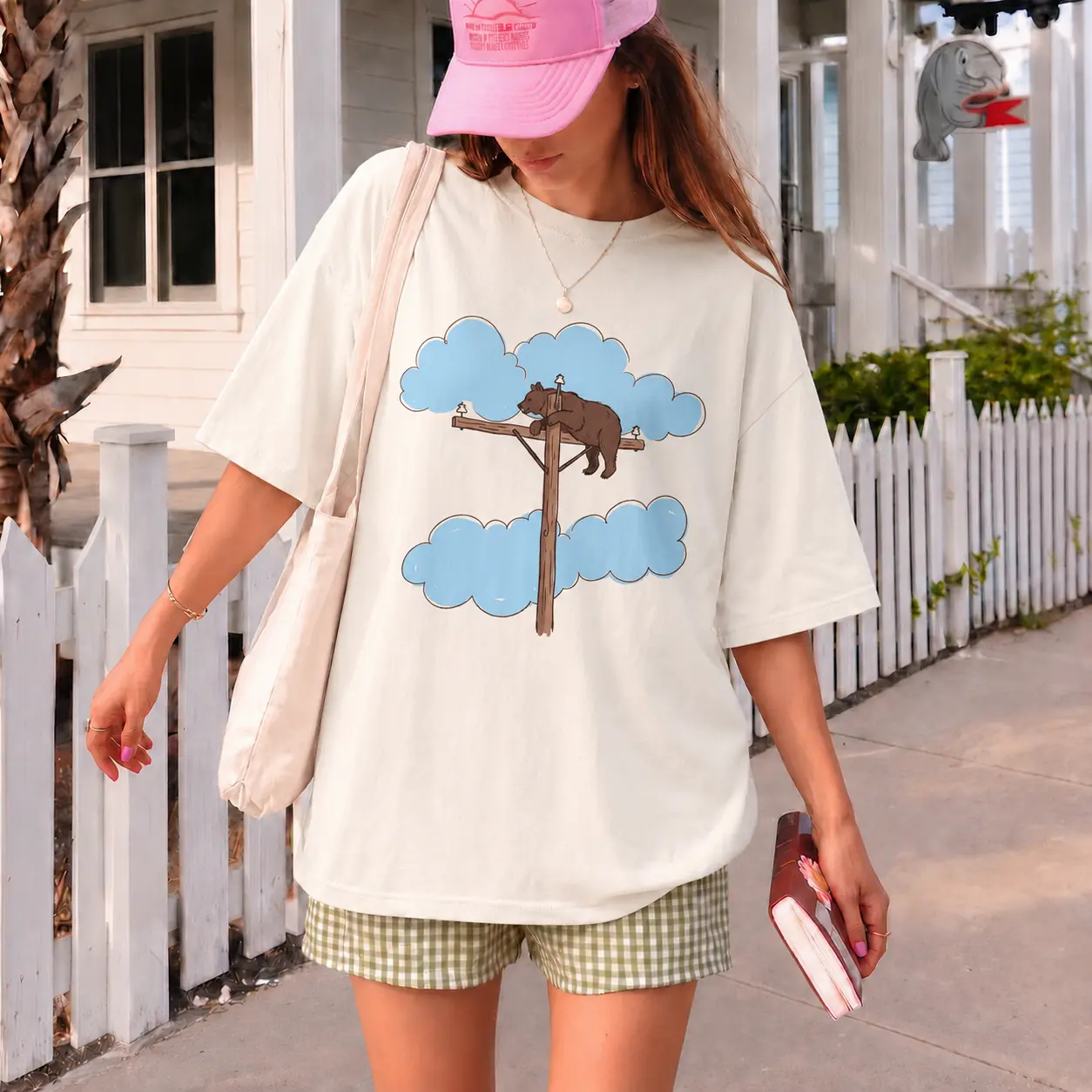 Bear On Electric Pole, Internet Trend T-Shirt, Gift For Him Classic Cotton