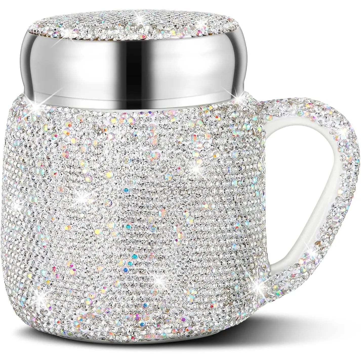 Bling Rhinestone Ceramic Coffee Mug - 13.5oz White Kitchen Drinkware with Lid, Glitter Handle, AB Color, Shiny Finish, Hand Wash Only Portable Cup for Women's Office, Christmas Gift, With Handle