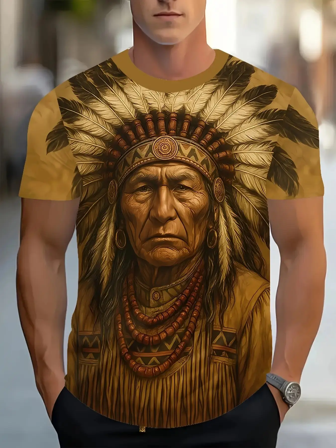 Men's Native American Chief Crewneck T-Shirt, Fitted, Casual Fashionable, Bold Design, Festival Party Casual Streetwear, High-Quality Print, Menswear