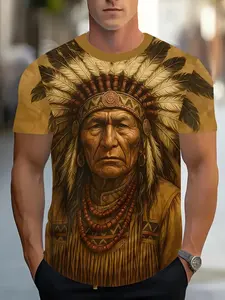 Men's Native American Chief Crewneck T-Shirt, Fitted, Bold Design, Festival Party Casual Streetwear, High-Quality Print, Menswear