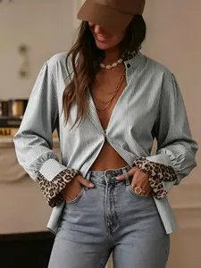 Plus size women's fashionable versatile striped color-block leopard print stand collar blouse shirt, suitable for summer, daily work, and casual wear