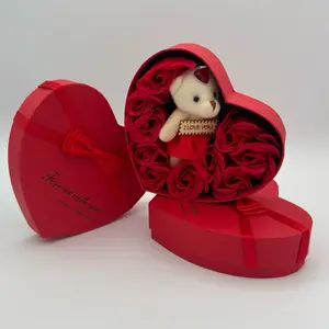 Heart Box With Teddy Bear and 10 Artificial Roses