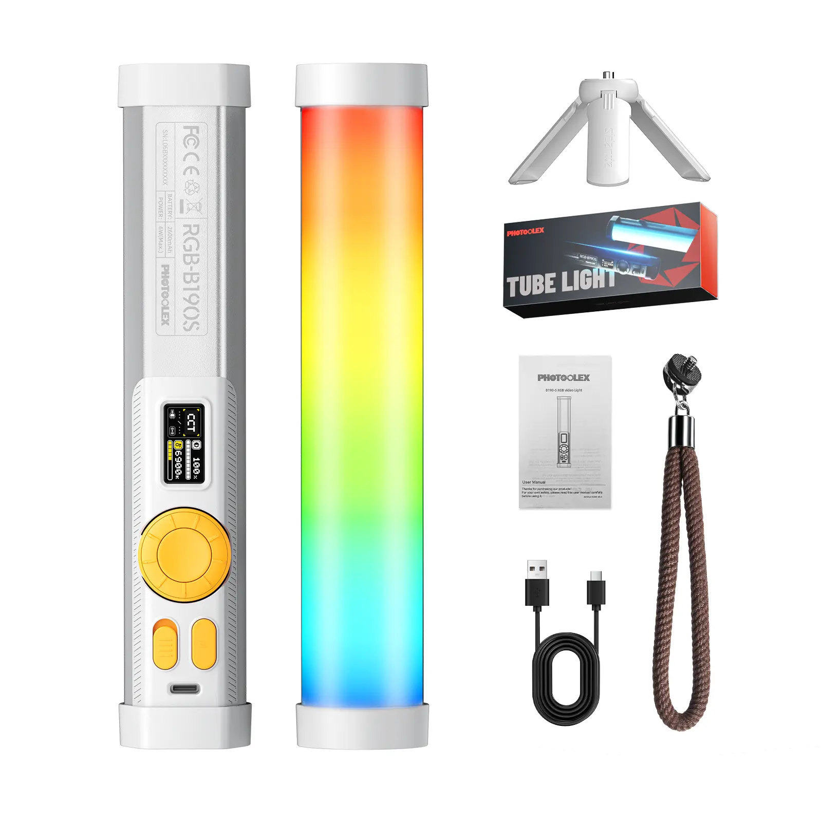 PHOTOOLEX B190S RGB Tube Light, Mini LED Video Wand, 2600mAh Rechargeable, 2500–9900K Dimmable, 360° Full Color, CRI 96+, Magnetic & Tripod Mount, App Control, Holiday, Party & Travel Ambience, Streaming & Creators, Perfect Gift for Photographers