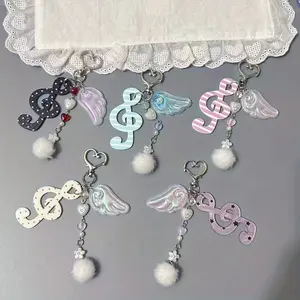 5pcs Women's New Korean Retro Polka Dot Striped Music Note Keychain, Creative Vintage Cute Party Decorative Bag Charm Halloween Accessories Teachers Day