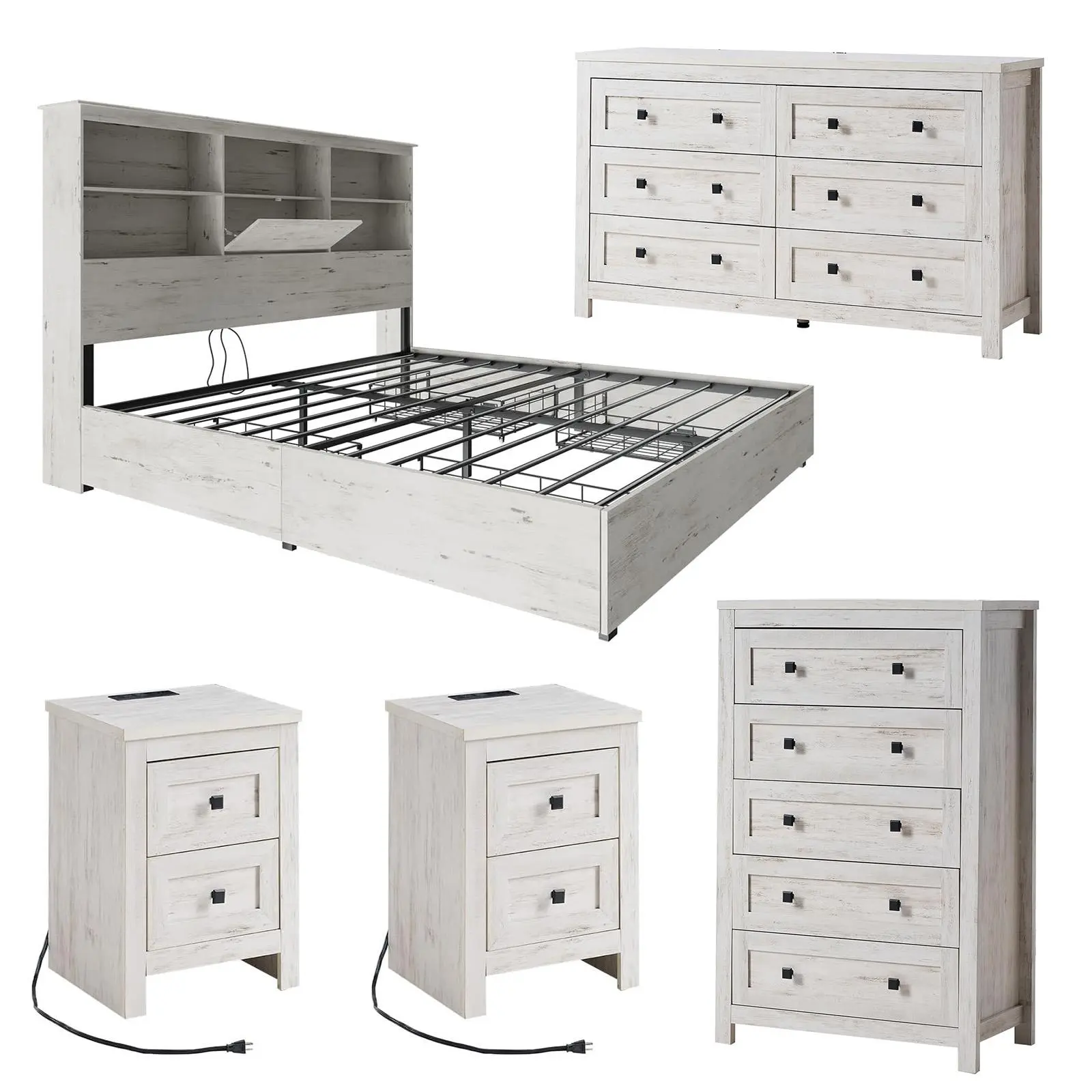 [Ships in Multiple Boxes] VanAcc 5-Piece Bedroom Set, 1 X Bed Frame, 1 X 5 Drawer Dresser, 1 X Wood Rustic 6 Drawer Storage Dresser, Nightstand Set of 2 with Charging Station, Farmhouse Bedroom Furniture