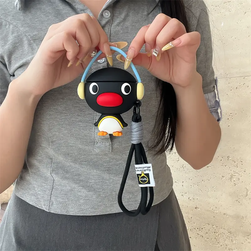 AirPods 4/Pro/Pro2 Earphone Case Headphone Accessories | Wearing Earphones Penguin | Fun Style | Hanging Rope | Suitable for AirPods 1 2 3 4 Pro Pro2 | Earphone Protective Cover