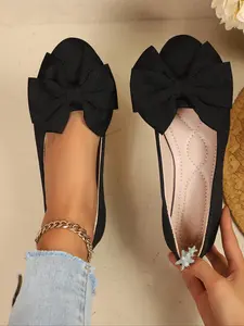 Bow Heeled Single Shoe for Women, Cute Heart Pattern, Textile Material, Rubber Sole, Less Than Ankle Height, All Seasons, Bowknot Design Shoes, Footwear, Rubber Soled Shoes