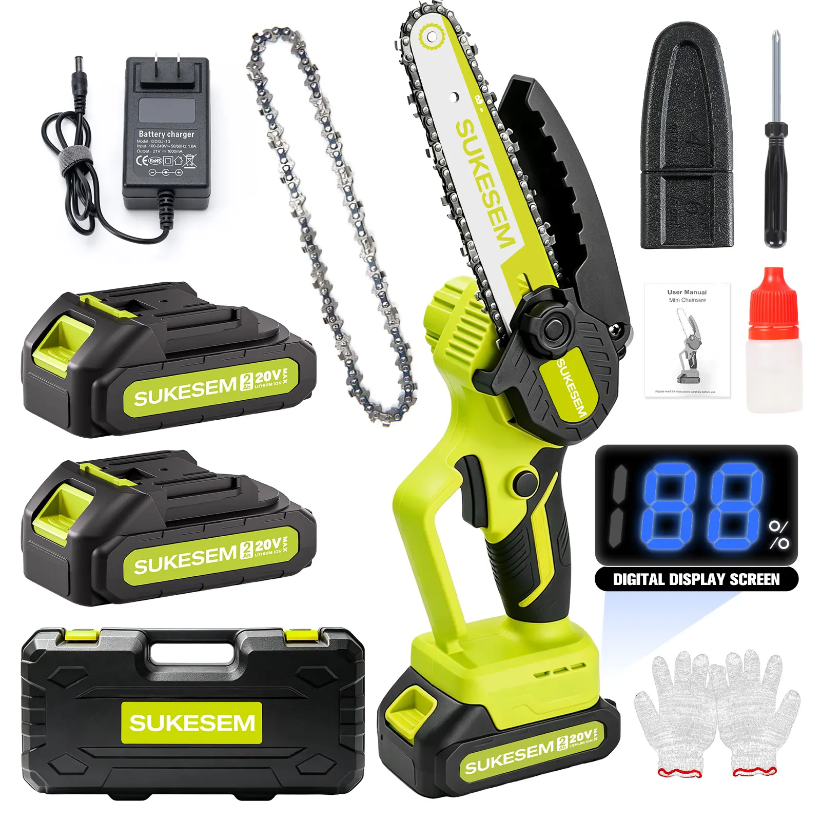 SUKESEM 6-Inch Cordless Handheld Mini Chainsaw ，Lightweight Electric Chainsaw with Battery Indicator for Tree Pruning, Branch Cutting and Yard Work，Ideal for Fathers