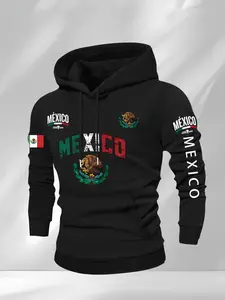 Mexican Coat of Arms Patchwork Hoodie, Soft Comfortable Casual Home Wear, Mexican Flag Print Cultural Style, Perfect for Relaxing at Home