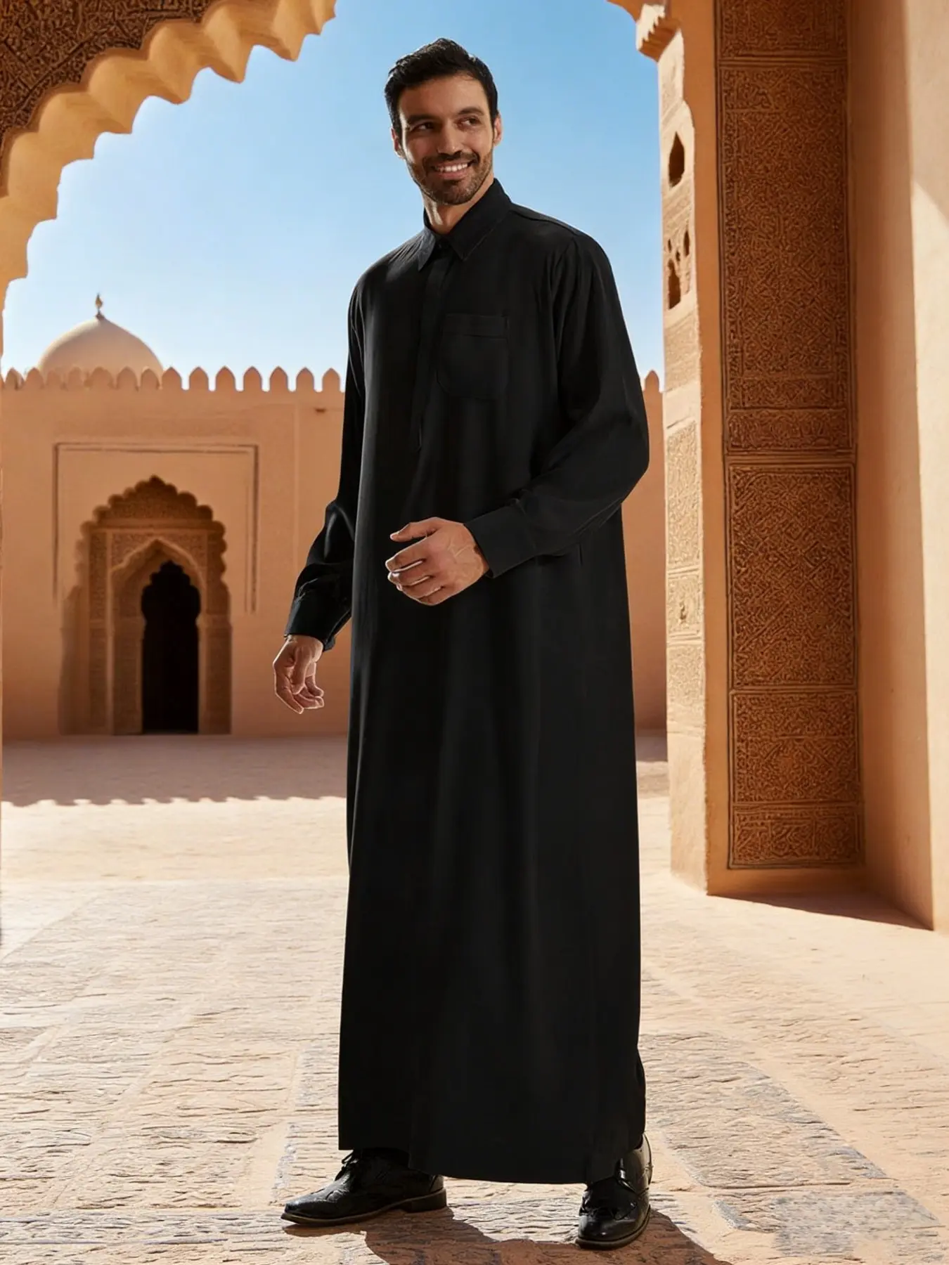 Muslim Middle East Men's Long Robe Outerwear Thobe, Traditional Arabic Clothing, Comfortable and Stylish, Perfect for Daily Wear, Black