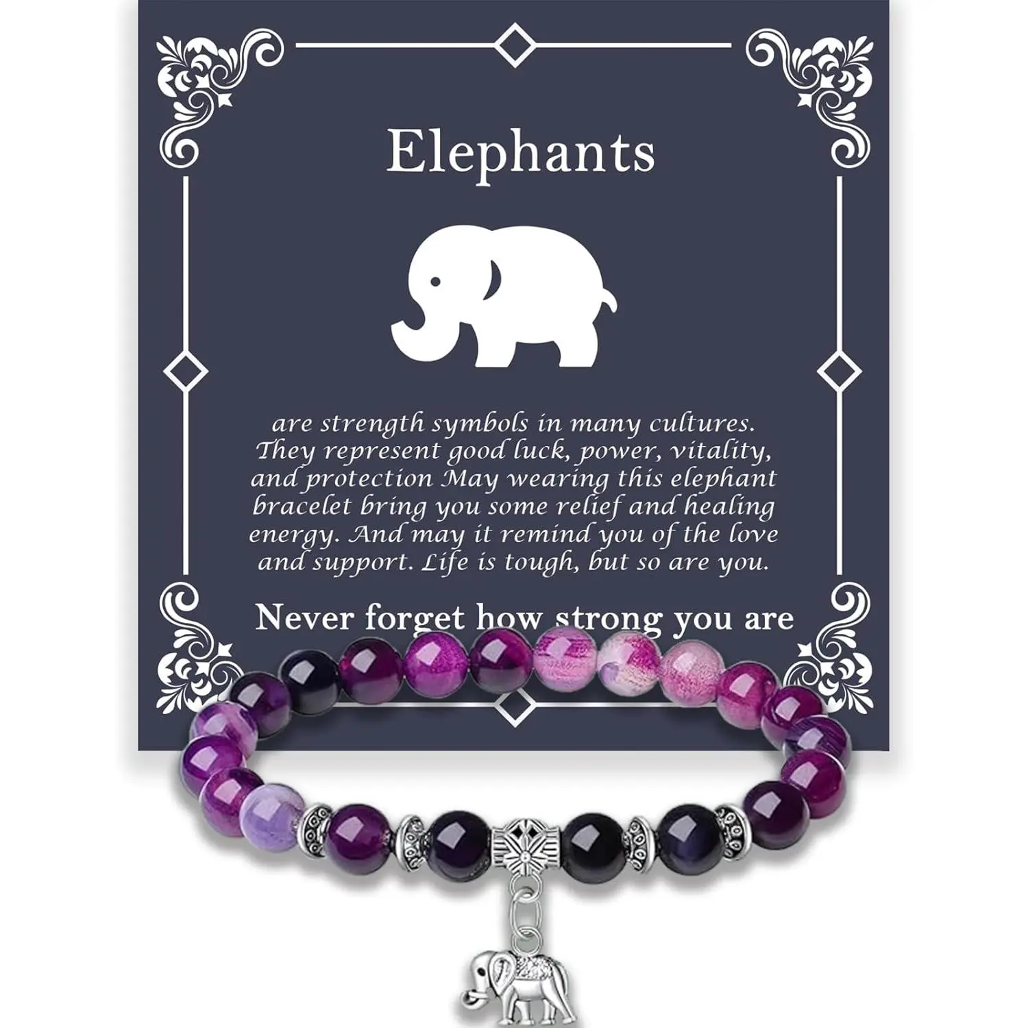 Elephant Gifts for Women, Motivational Gifts for Mom, Mothers Day Elephant Bracelet, Strength Bracelets for Women, Gifts for Her,  Bracelet, 8 mm Stretch  Stone Beaded Bracelets