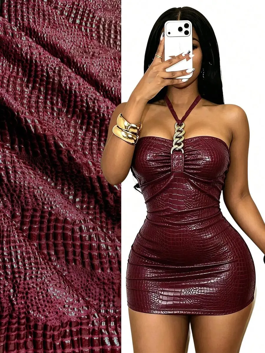 Kevlah Women's Sexy Solid Color Crocodile Embossed Metal Chain Halter Neck Dress