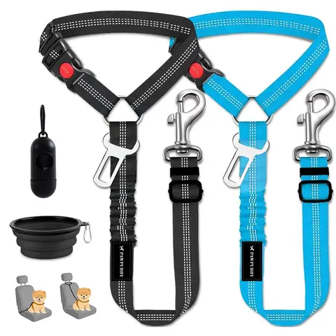PAWPUBBY 4-Piece Dog Car Travel Accessories Set - Nylon Adjustable Safety Harness (60cm to 73cm), No-Tangle Swivel Leash, Travel Collar, Elastic Buffer Design, Fold-and-Go Bowl (On Sale) [Collars & Harnesses]