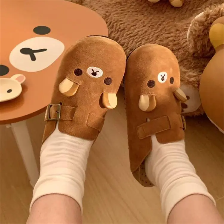 Anime Cartoon Kawaii Rilakkuma Half-Cover Slide Slippers - Cute Flat Sole Outdoor Casual Sandals, House Footwear, No Battery Needed Surprise Gift for Girls